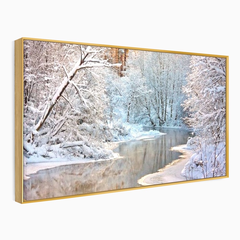 Tablou canvas cu tablou canvas cu peisaj de iarna pe rau, in rama de aluminiu auriu